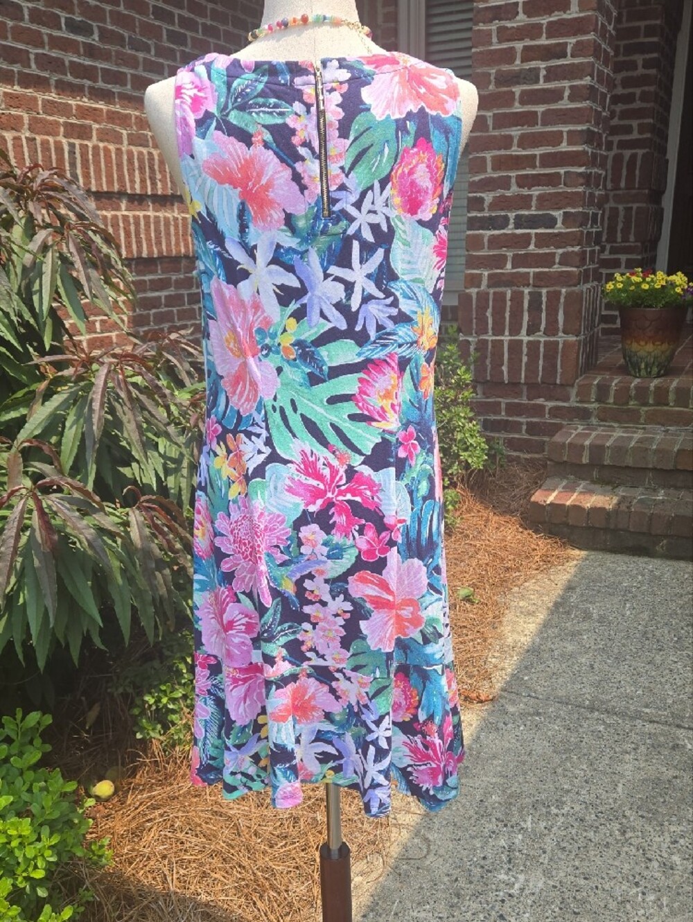 Tommy Bahama Tropical Floral Sleeveless A-Line Dress - Navy Background - Picture 3 of 10